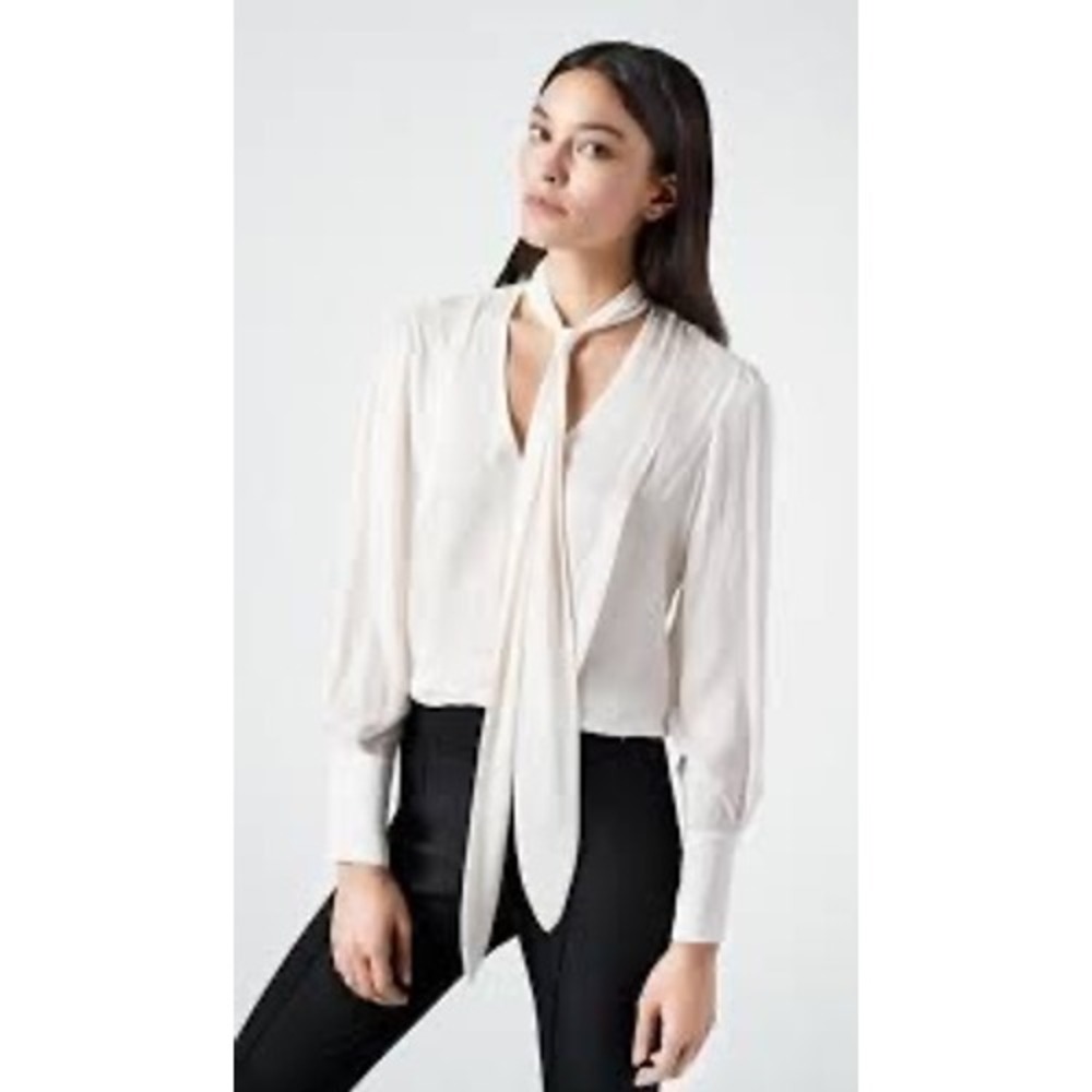 Smythe Ivory Tie Neck Over The Head Blouse Pintuck Bishop Sleeve Made in Japan S